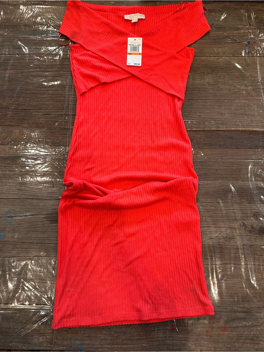 MICHAEL Michael Kors Red Ribbed Off-Shoulder Midi Dress